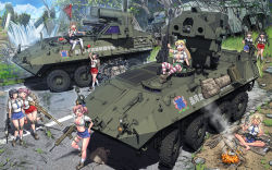 Rule 34 | ^ ^, adaptive combat rifle, amphibious vehicle, anti-materiel rifle, apple, armored fighting vehicle, armored reconnaissance, armored vehicle, assault rifle, autocannon, backpack, bag, barefoot, barrett m82, black hair, blonde hair, blue eyes, blue sky, blush stickers, boots, bow, breasts, brown eyes, brown hair, building, campfire, cannon, cleavage, closed eyes, cloud, collar, collared shirt, cooking, eating, food, front-tie top, fruit, gatling gun, gau-12 equalizer, grass, gun, hair bow, hase yu, headband, indian style, jerry can, knee pads, large breasts, lav-25, lav-ad, lav-at, light machine gun, log, m249, machine gun, man-portable air-defense system, midriff, miniskirt, missile launcher, missile pod, multiple-barrel firearm, navel, necktie, original, pink hair, post-apocalypse, pouch, reconnaissance vehicle, rifle, rotary cannon, ruins, scout car, shirt, sitting, skirt, sky, sleeping bag, sleeveless, sleeveless shirt, small breasts, smoke, sniper rifle, thighhighs, translation request, turret, twintails, unworn boots, water, waterfall, weapon, zettai ryouiki