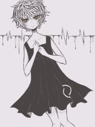 Rule 34 | .flow, 1girl, bad id, bad pixiv id, cardiogram, collarbone, dress, dripping, eleanor (ohmyeleanor), knees together feet apart, looking at viewer, messy hair, monochrome, orange eyes, sabitsuki, short hair, solo, spot color, yellow eyes