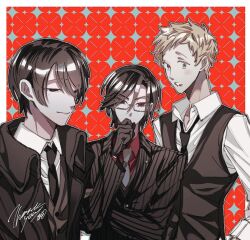 Rule 34 | 3boys, black eyes, black hair, black jacket, black necktie, black shirt, blonde hair, blush stickers, brown vest, buttons, closed mouth, collared jacket, collared shirt, commentary request, commission, covered mouth, covering own mouth, expressionless, glasses, grey necktie, hair between eyes, half-closed eyes, hand over own mouth, hand up, jacket, jpeg artifacts, long sleeves, looking at viewer, male focus, multiple boys, naotin3333, necktie, open collar, open mouth, original, red background, red eyes, red shirt, shirt, short hair, signature, skeb commission, striped clothes, striped shirt, surprised, thank you, thinking, upper body, vertical-striped clothes, vertical-striped shirt, vest, white shirt, yellow eyes