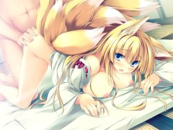 Rule 34 | 1girl, all fours, animal ears, blonde hair, blue eyes, blush, bottomless, breasts, covering privates, fox ears, fox tail, inari, large breasts, long hair, multiple tails, nipples, sex, tail, tateha (marvelous grace)