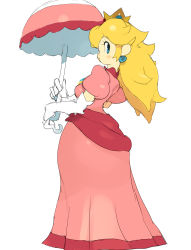 Rule 34 | 1girl, absurdres, back, blonde hair, blue eyes, blush stickers, breasts, brooch, closed mouth, crown, dress, earrings, elbow gloves, expressionless, eyelashes, from side, full body, gloves, highres, hip focus, holding, holding umbrella, jewelry, koki (ryoushikiha), lips, long dress, long hair, looking at viewer, looking back, looking to the side, mario (series), medium breasts, multicolored umbrella, nintendo, parasol, pink dress, pink umbrella, princess, princess peach, puffy short sleeves, puffy sleeves, short sleeves, simple background, sketch, solo, standing, super mario bros. 1, umbrella, white background, white gloves, white umbrella