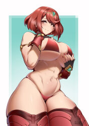 Rule 34 | 1girl, absurdres, bikini, breast hold, breasts, curvy, highres, huge breasts, large breasts, nail polish, pyra (xenoblade), red eyes, red hair, slush5244, solo, swimsuit, thick thighs, thighs, underwear, xenoblade chronicles (series), xenoblade chronicles 2
