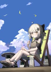 Rule 34 | 1girl, absurdres, ahoge, alternate costume, anklet, arknights, bare shoulders, bikini, black footwear, blue sky, breasts, brown bikini, food, grey hair, highres, holding, holding food, infection monitor (arknights), jewelry, looking at viewer, material growth, oripathy lesion (arknights), outdoors, polyvora, sandals, scene (arknights), shaved ice, short hair, sky, small breasts, solo, swimsuit, utensil in mouth, yellow eyes