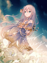 Rule 34 | 1girl, dress, flower, hair ornament, haku wi, happy birthday, highres, holding, holding flower, long hair, off-shoulder dress, off shoulder, outdoors, parted lips, project sekai, solo, white hair, yoisaki kanade