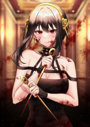 Rule 34 | 1girl, :q, absurdres, bare arms, bare shoulders, black dress, black gloves, black hair, blood, blood on face, blurry, blurry background, blush, breasts, cleavage, commentary, dress, fingerless gloves, gloves, hair between eyes, hairband, highres, holding, holding weapon, indoors, kumogii, long hair, looking at viewer, medium breasts, red eyes, reverse grip, smile, solo, spy x family, tongue, tongue out, upper body, weapon, yellow hairband, yor briar