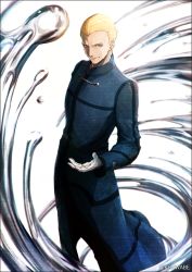 Rule 34 | 1boy, arm behind back, bangs pinned back, blonde hair, blue eyes, coat, commentary request, fate/zero, fate (series), full body, gloves, k-suwabe, kayneth el-melloi archibald, long coat, long sleeves, looking at viewer, male focus, mercury symbol, smile, solo, standing, white gloves