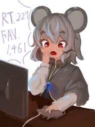 Rule 34 | 1girl, absurdres, animal ears, black vest, blush, capelet, clip studio paint (medium), commentary request, computer, crystal, grey capelet, grey hair, highres, jewelry, lenserd, long sleeves, mouse (animal), mouse (computer), mouse ears, mouse girl, nazrin, open mouth, pendant, red eyes, shirt, short hair, solo, surprised, touhou, upper body, vest, white background, white shirt