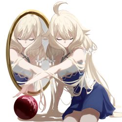 Rule 34 | 1girl, absurdres, ahoge, ball, blonde hair, blue dress, breasts, commentary, dress, english commentary, enna alouette, closed eyes, flower, hair between eyes, hair flower, hair ornament, highres, long hair, mirror, nijisanji, nijisanji en, outstretched arm, painterly, reflection, simple background, small breasts, smile, solo, takoyoomi, very long hair, virtual youtuber, white background, white flower