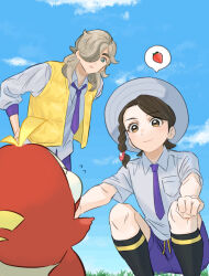 Rule 34 | 1boy, 1girl, arven (pokemon), black socks, braid, breast pocket, brown hair, closed mouth, cloud, collared shirt, comic, commentary request, creatures (company), day, flying sweatdrops, fuecoco, game freak, grass, highres, juliana (pokemon), kneehighs, knees, long hair, looking down, necktie, nintendo, outdoors, pants, pocket, pokemon, pokemon (creature), pokemon sv, purple necktie, purple pants, purple shorts, shirt, shorts, sky, sleeves past elbows, smile, socks, spoken food, squatting, umi meteo, vest, yellow vest