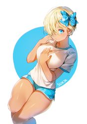 Rule 34 | 1girl, artist name, bad id, bad pixiv id, bare legs, blonde hair, blue eyes, bow, breasts, hair bow, hair over one eye, hair ribbon, hand on own chest, hand on own face, looking at viewer, original, ribbon, shiny skin, short hair, short shorts, shorts, solo, sukja, sweatdrop, tan, thighs