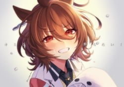 Rule 34 | 1girl, agnes tachyon (umamusume), ahoge, animal ears, black necktie, blush, brown hair, collared shirt, earrings, emil1030 blue, grin, hand up, highres, horse ears, jewelry, lab coat, lips, looking at viewer, medium hair, necktie, pen, red eyes, shirt, single earring, smile, solo, sweat, translation request, twitter username, umamusume, upper body, v-shaped eyebrows