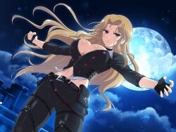 Rule 34 | 1girl, belt, belt buckle, belt pouch, black belt, black choker, black gloves, black jacket, black pants, blonde hair, blush, breasts, buckle, choker, cleavage, clenched hand, cloud, collar, daidouji (senran kagura), fingerless gloves, full moon, gloves, jacket, large breasts, long hair, looking at viewer, midriff, mole, mole under eye, moon, navel, night, o-ring, o-ring thigh strap, official alternate costume, official art, outstretched arms, pants, pouch, red eyes, senran kagura, senran kagura burst, senran kagura new link, senran kagura shoujo-tachi no shin&#039;ei, sky, solo, spread arms, standing, star (sky), starry sky, thigh strap, white collar, yaegashi nan, zipper