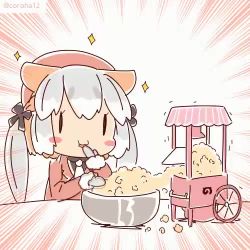 Rule 34 | 1girl, animal ear fluff, animal ears, animated, coroha, eating, emphasis lines, food, island fox (kemono friends), kemono friends, kemono friends v project, long hair, lowres, necktie, popcorn, shirt, shoes, silver hair, skirt, solo, tail, twintails, video, virtual youtuber