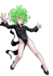 Rule 34 | 1girl, black dress, breasts, cameltoe, cleft of venus, dress, full body, green eyes, green hair, highres, long sleeves, matching hair/eyes, mersoleil03, no panties, one-punch man, popped collar, short hair, side slit, simple background, small breasts, solo, standing, tatsumaki, wavy hair, white background