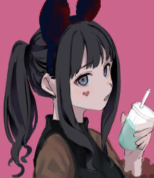 Rule 34 | 1girl, animal ears, black dress, blue eyes, blush, brown shirt, commentary request, cup, disposable cup, dress, drinking straw, fake animal ears, holding, holding cup, inoue takina, long sleeves, looking at viewer, looking to the side, lycoris recoil, mickey mouse ears, mouse ears, open mouth, pink background, ponytail, shirt, sidelocks, simple background, solo, transparent, tsurara eeri, upper body
