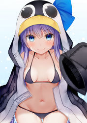 Rule 34 | 1girl, absurdres, animal hood, aozora nan, bare shoulders, bikini, bikini under clothes, black bikini, black jacket, blue background, blue bow, blue eyes, bow, breasts, closed mouth, collarbone, commentary request, fate/grand order, fate (series), gradient background, groin, hair between eyes, highres, hood, jacket, long hair, long sleeves, looking at viewer, medium breasts, meltryllis, meltryllis (fate), meltryllis (swimsuit lancer) (fate), meltryllis (swimsuit lancer) (first ascension) (fate), navel, open clothes, open jacket, penguin hood, puffy long sleeves, puffy sleeves, purple hair, revision, sitting, sleeves past fingers, sleeves past wrists, smile, solo, swimsuit, white background