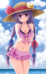 Rule 34 | 1girl, :/, alternate hairstyle, alternate headwear, animal, bad id, bad twitter id, bikini, bird, blue sky, blush, bow, bracelet, breast rest, breasts, cleavage, cloud, cloudy sky, collaboration, collarbone, contrapposto, cowboy shot, crescent, day, frilled bikini, frills, hair bow, hair ornament, hat, hat ribbon, jewelry, jitome, large breasts, long hair, looking at viewer, low twintails, maturiuta sorato, navel, necklace, ocean, panties, patchouli knowledge, pink eyes, purple bikini, purple hair, ribbon, ruu (tksymkw), seagull, sky, solo, standing, sun, sun hat, swimsuit, touhou, twintails, underwear
