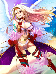 Rule 34 | 1girl, angel wings, blonde hair, breasts, cleavage, collar, elbow gloves, feathers, front-tie top, gloves, hairband, highres, jewelry, large breasts, long hair, meiyaku no guardian knights, necklace, nueco, open mouth, original, panties, red eyes, snake, solo, sparkle, thighhighs, underwear, white panties, wings