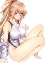 Rule 34 | 1girl, ahoge, bare legs, barefoot, bikini, blonde hair, blue eyes, blush, breasts, cleavage, closed mouth, collarbone, competition swimsuit, fate/grand order, fate (series), glasses, grey-framed eyewear, hair between eyes, hairband, hand up, hood, hooded jacket, jacket, jeanne d&#039;arc (fate), jeanne d&#039;arc (ruler) (fate), jeanne d&#039;arc (swimsuit archer) (fate), jeanne d&#039;arc (swimsuit archer) (second ascension) (fate), large breasts, long hair, looking at viewer, one-piece swimsuit, ponytail, shiny skin, sidelocks, simple background, sitting, smile, solo, swimsuit, taut clothes, taut swimsuit, very long hair, whistle, white background, zucchini