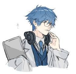 Rule 34 | 1boy, aged up, blue eyes, blue hair, blue necktie, blue vest, coat, fate/extra, fate/extra ccc, fate (series), glasses, grey-framed eyewear, grey coat, hand up, hans christian andersen (fate), headphones, headphones around neck, long sleeves, male focus, necktie, parted lips, sankomichi, short hair, simple background, solo, upper body, vest, white background