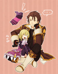 Rule 34 | 1boy, 1girl, alvin (tales), ascot, black gloves, blonde hair, boots, brown eyes, brown hair, coat, creature, elize lutus, frills, full body, gloves, grin, head rest, knee boots, pants, purple footwear, purple thighhighs, sabo (fuya 2), short hair, sitting, sitting on lap, sitting on person, smile, tales of (series), tales of xillia, teepo (tales), thighhighs