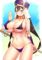 Rule 34 | 1girl, beads, bikini, black hair, blue bikini, blush, breasts, cameltoe, doyouwantto, earrings, covered erect nipples, fate/grand order, fate (series), hair ornament, hat, jewelry, large breasts, long hair, looking at viewer, navel, necklace, prayer beads, purple eyes, simple background, smile, solo, staff, swimsuit, xuangzang sanzang (fate)