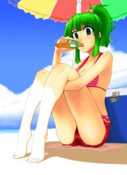 Rule 34 | 1girl, absurdres, bad id, bad pixiv id, barefoot, beach, bikini, bikini top only, bottle, breasts, cleavage, cooler, day, drinking, feet, green eyes, green hair, highres, hugging own legs, legs, makaze (t-junction), matching hair/eyes, original, solo, swimsuit, toe-point
