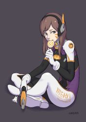Rule 34 | 1girl, absurdres, acronym, alternate color, armor, artist name, bodysuit, boots, bracer, breasts, brown eyes, brown hair, candy, charm (object), clothes writing, d.va (overwatch), eating, eyebrows, facepaint, facial mark, food, food print, full body, gloves, grey eyes, gun, halloween, hand up, handgun, headphones, highres, holding, holding gun, holding weapon, indian style, lollipop, long hair, long sleeves, matching hair/eyes, overwatch, overwatch 1, pauldrons, pilot suit, pumpkin, pumpkin print, ribbed bodysuit, robinlovesop, shoulder armor, shoulder pads, simple background, sitting, skin tight, small breasts, solo, swirl lollipop, thigh boots, thighhighs, turtleneck, weapon, whisker markings, white footwear, white gloves