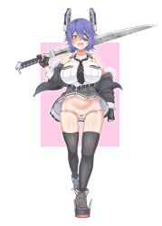 Rule 34 | 1girl, absurdres, armpits, black thighhighs, blouse, breasts, checkered clothes, checkered necktie, checkered neckwear, cowboy shot, dress, eyepatch, from below, full body, fur collar, gloves, gluteal fold, headgear, highres, holding, holding weapon, jacket, kaiduka akuta, kantai collection, large breasts, looking at viewer, medium hair, necktie, nipples, open mouth, orange eyes, panties, purple hair, purple panties, shirt, short dress, simple background, sleeveless, sleeveless shirt, smile, solo, tenryuu (kancolle), tenryuu kai ni (kancolle), thighhighs, thighs, underwear, weapon, white background, white shirt, winter clothes