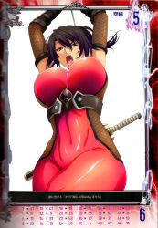 Rule 34 | 1girl, absurdres, black hair, bodysuit, breasts, brown eyes, highres, isse, large breasts, long hair, non-web source, official art, queen&#039;s blade, queen&#039;s gate, scan, shiny clothes, simple background, skin tight, sleeveless, sleeveless bodysuit, solo, soul calibur, taki (soulcalibur)