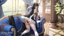 Rule 34 | 1girl, apron, arm garter, artist request, ass, back bow, black dress, black footwear, black wrist cuffs, blue ribbon, book, bow, breasts, cabinet, copyright, couch, curtains, dress, echocalypse, frilled dress, frills, hair ribbon, head wings, headpiece, high heels, highres, large breasts, logo, long hair, maid, maid headdress, official art, on couch, orange eyes, plant, potted plant, ribbon, second-party source, solo, tan, thighhighs, toph (echocalypse), two-tone dress, waist apron, white apron, white bow, white thighhighs, white wings, window, wings