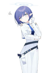 Rule 34 | 1girl, aoi (blue archive), arm under breasts, belt, black belt, blue archive, blue eyes, blue hair, blue halo, blue necktie, closed mouth, collared shirt, commentary request, cropped shirt, dress, earclip, epaulettes, feet out of frame, gloves, halo, hand up, highres, long hair, long sleeves, necktie, odaneru apart, pointy ears, shirt, short hair, simple background, solo, standing, sweatdrop, white background, white dress, white gloves, white shirt