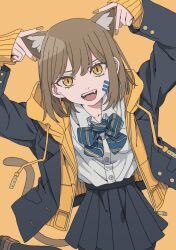 Rule 34 | 1girl, animal ear fluff, animal ears, arms up, black jacket, black pantyhose, black skirt, blazer, blue bow, blue bowtie, bow, bowtie, brown footwear, brown hair, cat ears, cat girl, cat tail, collarbone, collared shirt, commentary request, cowboy shot, diagonal-striped bow, diagonal-striped bowtie, diagonal-striped clothes, double-parted bangs, drawstring, facial mark, hair between eyes, haku geroda, hood, hood down, hoodie, jacket, lapels, leg up, long sleeves, looking at viewer, medium hair, miniskirt, notched lapels, open clothes, open collar, open hoodie, open jacket, open mouth, orange background, orange eyes, orange hoodie, orange nails, original, pantyhose, pleated skirt, school uniform, shirt, shirt tucked in, simple background, skirt, sleeves past wrists, slit pupils, solo, striped clothes, tail, teeth, thick eyelashes, tongue, v, white shirt