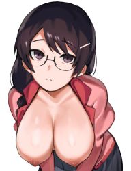 Rule 34 | 1girl, black hair, blue skirt, breasts, breasts out, cleavage, collarbone, cowboy shot, glasses, hair ornament, hairclip, hanekawa tsubasa, hanging breasts, large breasts, leaning forward, long hair, looking at viewer, monogatari (series), nipples, open clothes, open shirt, parted lips, pleated skirt, puffy nipples, purple eyes, roropull, school uniform, semi-rimless eyewear, sidelocks, simple background, skirt, solo, white background