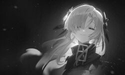 Rule 34 | 1girl, closed eyes, closed mouth, coat, commentary request, cropped shoulders, dark background, facing viewer, film grain, floating hair, flower, greyscale, hair flower, hair ornament, hair over one eye, head tilt, high collar, highres, isekai joucho, kamitsubaki studio, light particles, light smile, long hair, monochrome, shiraishi kanoya, solo, straight-on, virtual youtuber, zipper, zipper pull tab