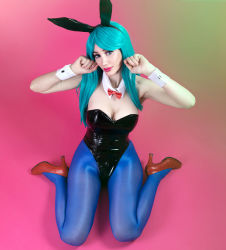 Rule 34 | 1girl, animal ears, aqua hair, argentine (nationality), bare shoulders, black leotard, blue pantyhose, bow, bowtie, breasts, bulma, bulma (cosplay), cleavage, clothes, cosplay, curvy, dragon ball, dragon ball (classic), fake animal ears, female focus, full body, highleg, highleg leotard, highres, leotard, lips, long hair, looking at viewer, medium breasts, pantyhose, photo (medium), playboy bunny, rabbit ears, real life, red footwear, shiny clothes, shoes, sitting, solo, sophie valentine, wide hips