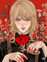 Rule 34 | 1boy, androgynous, bishounen, black shirt, blonde hair, blood, blood on face, blood on hands, closed mouth, collared shirt, cuts, cutting, fingernails, flower, grey eyes, highres, holding, holding flower, holding scissors, injury, kagoya1219, lips, long sleeves, looking at viewer, male focus, medium hair, original, plant, red background, red flower, red rose, rose, scissors, shirt, signature, solo, straight-on, suspenders, upper body