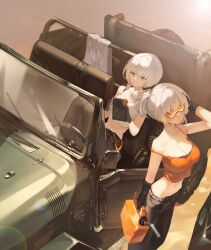 2girls absurdres anby_demara black_gloves breasts car cleavage closed_mouth collarbone fingerless_gloves gloves goggles hair_between_eyes hashtag-only_commentary highres long_hair medium_breasts motor_vehicle multiple_girls nook_dae ponytail short_hair siblings sidelocks sisters sitting soldier_11_(zenless_zone_zero) standing white_hair zenless_zone_zero