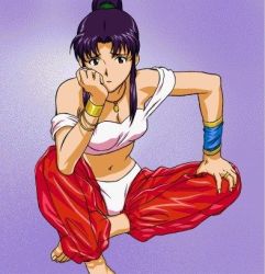 Rule 34 | 1girl, alternate costume, alternate hairstyle, arabian clothes, bare shoulders, barefoot, bored, bracelet, breasts, cleavage, harem outfit, high ponytail, jewelry, katsuragi misato, long hair, looking at viewer, lowres, medium breasts, midriff, navel, necklace, neon genesis evangelion, non-web source, pants, parted bangs, purple background, purple hair, red pants, sad, see-through, see-through pants, sidelocks, sitting, solo