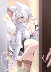 Rule 34 | 1girl, 1other, animal ear fluff, animal ears, artist name, black bra, blurry, blurry background, blurry foreground, blush, bra, breasts, brown pantyhose, collarbone, depth of field, eyelashes, feet, foot out of frame, grey hair, hand on own leg, highres, indie virtual youtuber, lace trim, large breasts, legs, long hair, long sleeves, looking to the side, miniskirt, no shoes, off shoulder, out of frame, pantyhose, partially unbuttoned, pencil skirt, pomemiyarino, pov, purple eyes, removing legwear, see-through, see-through legwear, shirt, signature, skirt, sleeves past wrists, sound effects, standing, standing on one leg, tail, thighs, thought bubble, toenails, toes, twitter username, underwear, undressing, virtual youtuber, watermark, white shirt