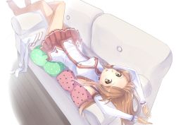 Rule 34 | 10s, 1girl, armpits, arms up, asuna (sao), barefoot, breasts, brown eyes, brown hair, couch, detached sleeves, feet, crossed legs, long hair, looking at viewer, lying, on back, pillow, sitting, skirt, solo, sword art online, thighhighs, unworn thighhighs, touboku, upside-down