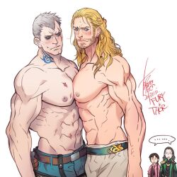 Rule 34 | ..., 4boys, abs, arms at sides, bara, beard stubble, belt, blonde hair, blush, bryan fury, character request, chibi, chibi inset, cowboy shot, deformed, double chin, facial hair, large pectorals, long hair, male focus, mature male, multiple boys, muscular, muscular male, mustache stubble, navel, neck tattoo, nipples, pale skin, pectoral docking, pectoral press, pectorals, scar, short hair, shy, sideburns, stubble, tattoo, tekken, thor (marvel), topless male, white hair, yi lee