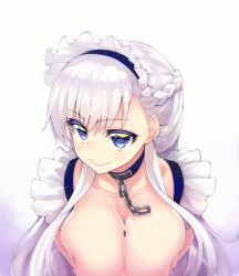 Rule 34 | 1girl, :&gt;, akino sora, asymmetrical bangs, azur lane, belfast (azur lane), blue eyes, braid, breasts, breasts squeezed together, chain, closed mouth, collar, collarbone, frills, half updo, large breasts, lips, long hair, looking at viewer, maid, maid headdress, simple background, smile, solo, upper body, white background