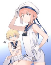 Rule 34 | 2girls, arm up, blonde hair, blue eyes, commentary request, contrapposto, cowboy shot, crossed arms, dress, dutch angle, gloves, gradient background, hand on own hip, hat, unworn hat, unworn headwear, kantai collection, kirihota, multiple girls, pink hair, sailor dress, short dress, short hair, simple background, spoken squiggle, squiggle, sweatdrop, wavy mouth, white dress, white gloves, wide-eyed, z1 leberecht maass (kancolle), z3 max schultz (kancolle)