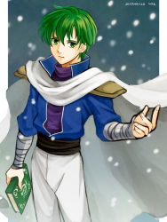 Rule 34 | 1boy, artist name, bad id, bad pixiv id, bandages, book, cape, ced (fire emblem), dated, fire emblem, fire emblem: genealogy of the holy war, green eyes, green hair, male focus, nintendo, snowing, solo, upper body