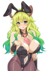 Rule 34 | 1girl, :q, absurdres, animal ears, bare shoulders, black leotard, breasts, brown pantyhose, cleavage, closed mouth, clothing cutout, commission, cowboy shot, detached collar, dragon horns, fake animal ears, fishnet pantyhose, fishnets, gradient hair, green eyes, green hair, groin, hairband, hand up, heterochromia, highres, horns, kaosu kun, kobayashi-san chi no maidragon, large breasts, leotard, long hair, looking at viewer, lucoa (maidragon), multicolored hair, navel, navel cutout, necktie, pantyhose, playboy bunny, purple eyes, rabbit ears, short necktie, smile, solo, thigh gap, tongue, tongue out, unusually open eyes, vambraces