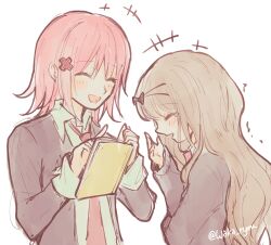 Rule 34 | 2girls, black jacket, blush, book, closed eyes, collared shirt, crying, crying with eyes open, hair ornament, highres, hinamori amu, jacket, laughing, long hair, long sleeves, mashiro rima, medium hair, multiple girls, necktie, open book, open mouth, pink hair, red necktie, school uniform, seiyo academy school uniform, shirt, shugo chara!, sketch, tears, waka ryou, white background, white shirt, x hair ornament
