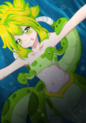 Rule 34 | 1girl, bare shoulders, breasts, collarbone, green eyes, green hair, lamia, midriff, monster girl, navel, slit pupils, small breasts, solo, wah-ngt