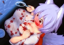 Rule 34 | 1girl, animal, animal between breasts, animal ears, between breasts, blush, breasts, cleavage, collarbone, fang, fish, fuu (fuu 18), inubashiri momiji, japanese clothes, kimono, large breasts, looking at viewer, looking up, open mouth, red eyes, short hair, silver hair, sitting, solo, summer, tail, tears, touhou, wavy mouth, wolf ears, wolf tail, yukata