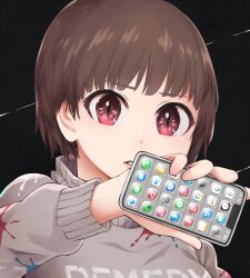 Rule 34 | 1girl, black background, brown hair, cellphone, grey sweater, holding, holding phone, looking at viewer, original, parted lips, phone, portrait, red eyes, short hair, smartphone, solo, sweater, yajirushi (chanoma)